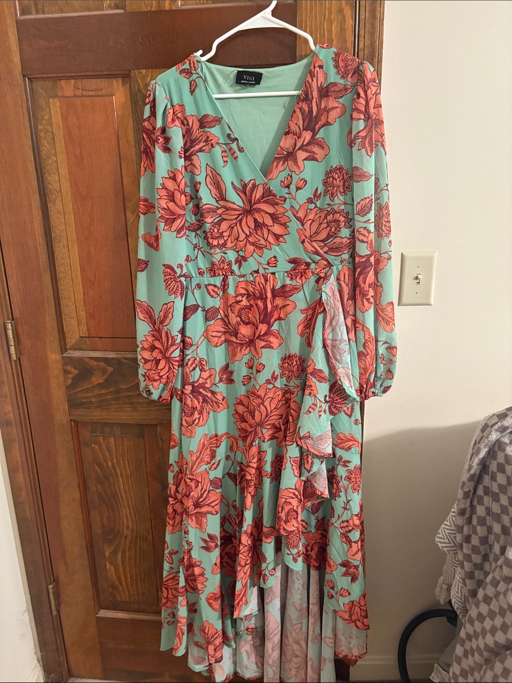 VICI Mint Green Maxi Wrap Dress with Coral Floral Print